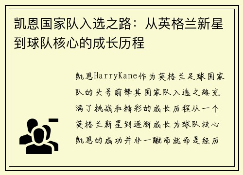 凯恩国家队入选之路:从英格兰新星到球队核心的成长历程 凯恩国家队入选之路:从英格兰新星到球队核心的成长历程